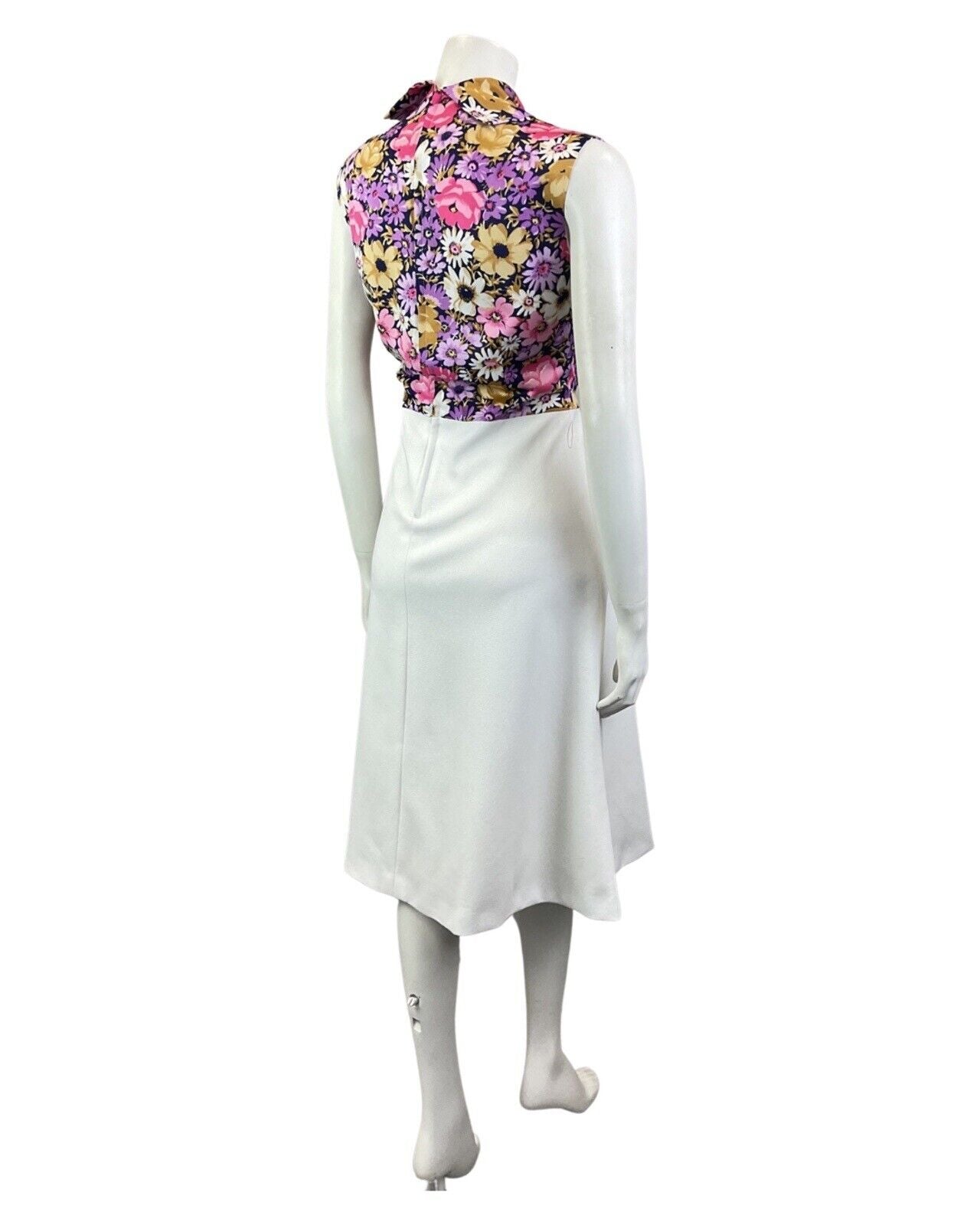 VINTAGE 60s 70s WHITE PURPLE PINK FLORAL PUSSYBOW SLEEVELESS MOD DRESS 12