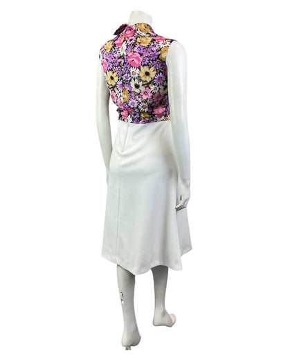 VINTAGE 60s 70s WHITE PURPLE PINK FLORAL PUSSYBOW SLEEVELESS MOD DRESS 12