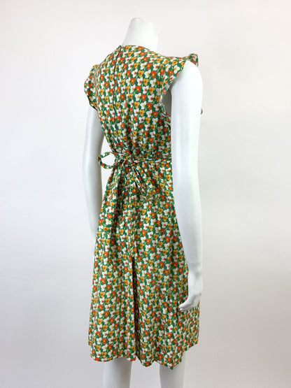 VTG 60s 70s GREEN WHITE ORANGE YELLOW FLORAL MOD SLEEVELESS SUMMER DRESS 12 14