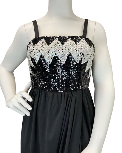 VINTAGE 60s 70s BLACK WHITE SEQUIN ZIG-ZAG STRAPPY DISCO STUDIO 54 MAXI DRESS 16