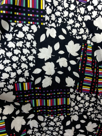 VINTAGE 60s 70s BLACK WHITE RED PURPLE LEAFY FLORAL SLEEVELESS SWING DRESS 16