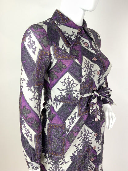 VTG 60s 70s PURPLE WHITE SILVER ZIG-ZAG FLORAL DAGGER COLLAR LUREX DRESS 14 16