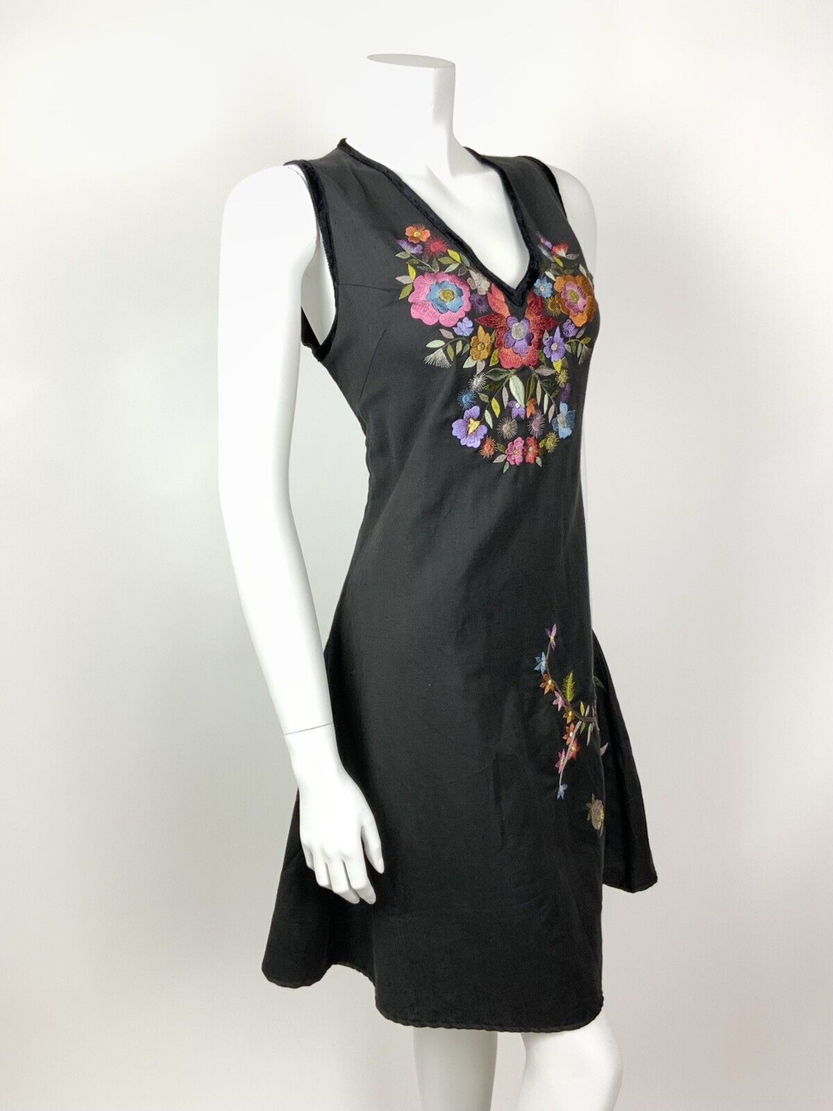 VINTAGE 70s STYLE 90s BLACK RED PURPLE BLUE FLORAL EMBROIDERED DRESS 12 14