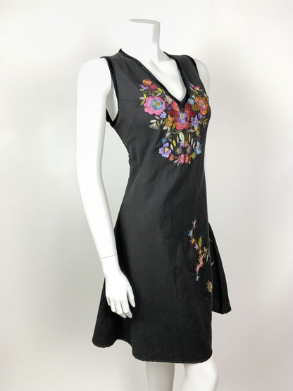 VINTAGE 70s STYLE 90s BLACK RED PURPLE BLUE FLORAL EMBROIDERED DRESS 12 14