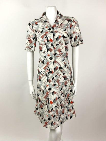 VINTAGE 60s 70s WHITE BLACK RED STRIPE GEOMETRIC CHECKED MOD SHIRT DRESS 12