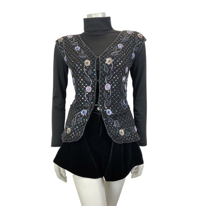 VINTAGE 70s 80s BLACK PURPLE FLORAL SEQUIN BEADED DISCO GLAM WAISTCOAT TOP 12 14