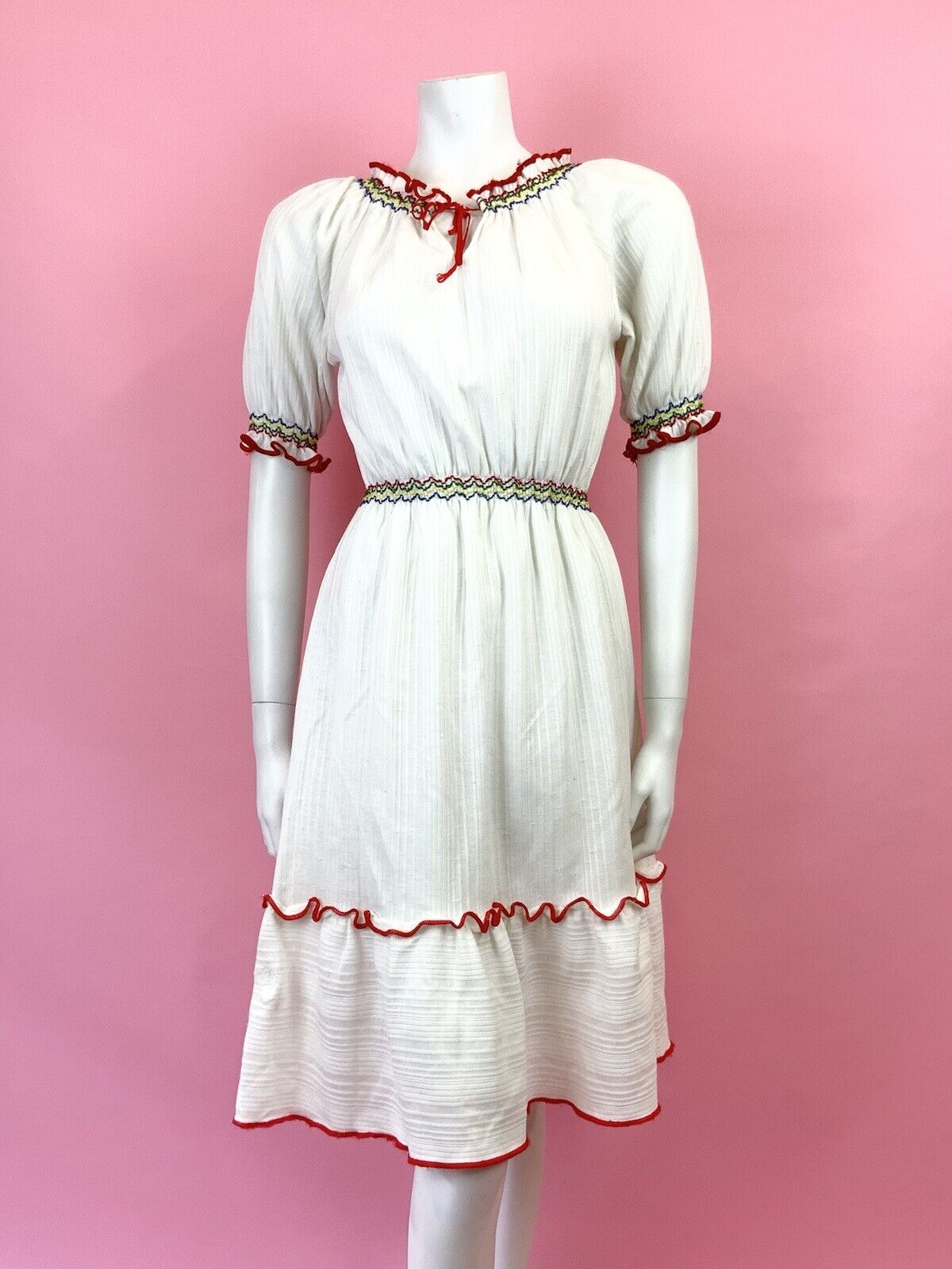 VINTAGE 60s 70s WHITE RED BLUE GREEN RUFFLE PRAIRIE BOHO DRESS 8 10