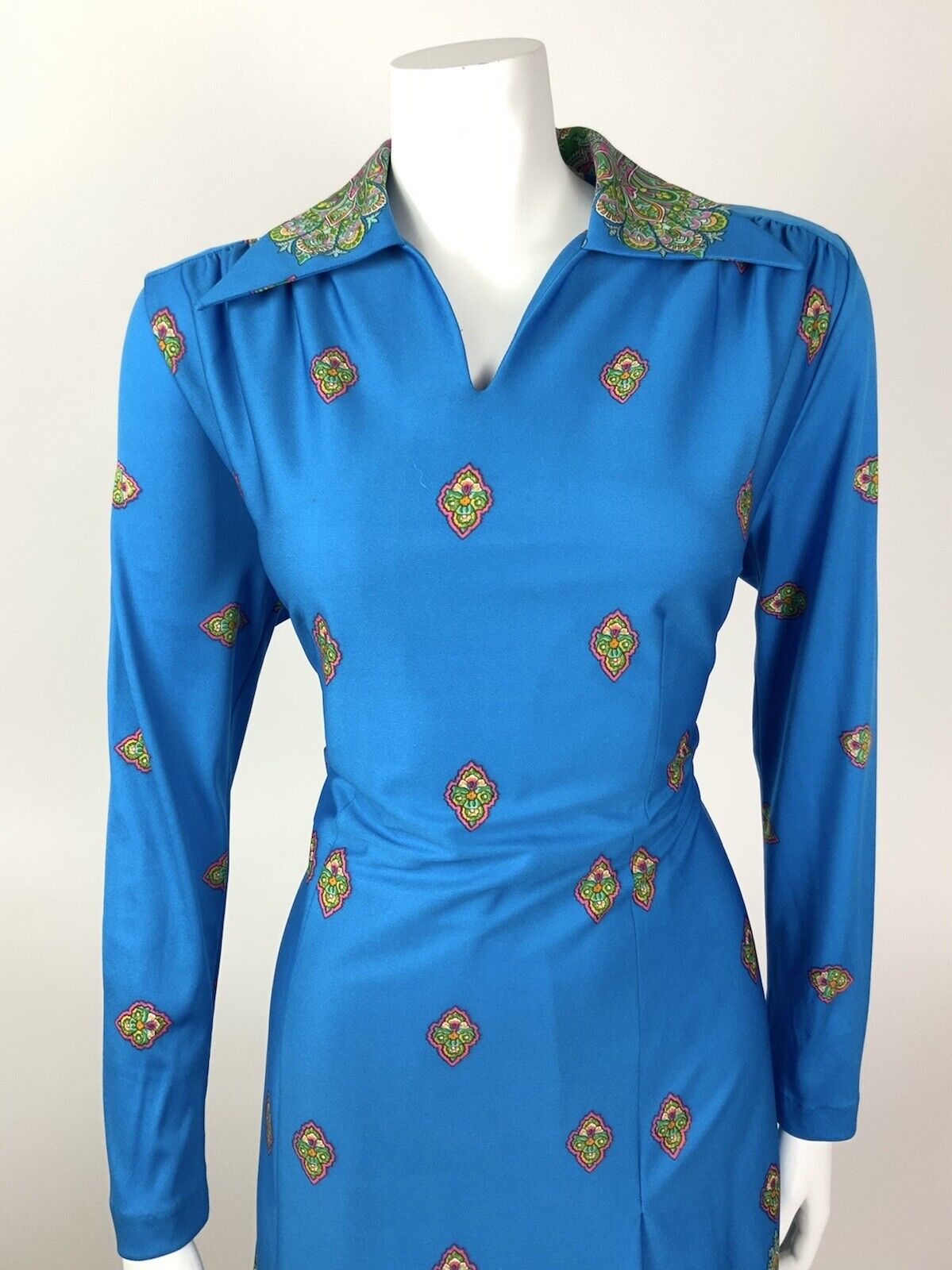 VTG 60s 70s BLUE PINK GREEN FLORAL PAISLEY INDIAN ETHNIC DAGGER COLLAR DRESS 16