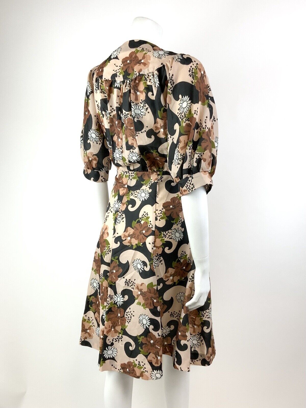 VTG 60s 70s CREAM BLACK BROWN GREEN PSYCHEDELIC FLORAL BLOUSON SWING DRESS 12