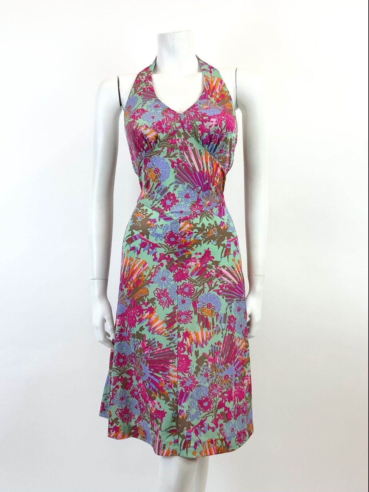 VINTAGE 60s 70s GREEN PINK ORANGE FLORAL HAWAIIAN HALTER MOD SWING DRESS 8 10