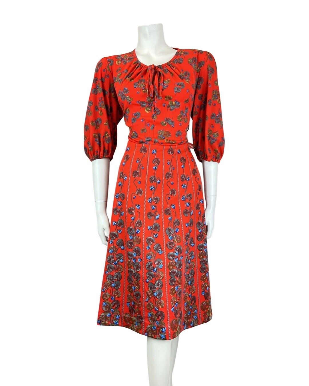 VINTAGE 60s 70s RED BLUE GREY FLORAL ROPE STRIPED LONG SLEEVE SWING DRESS 14