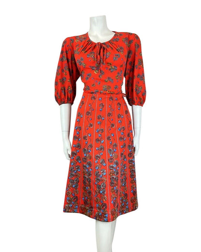 VINTAGE 60s 70s RED BLUE GREY FLORAL ROPE STRIPED LONG SLEEVE SWING DRESS 14