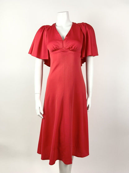 VINTAGE 60s 70s PILLARBOX RED CAPE SLEEVE ELEGANT STUDIO 54 DRESS 8 10