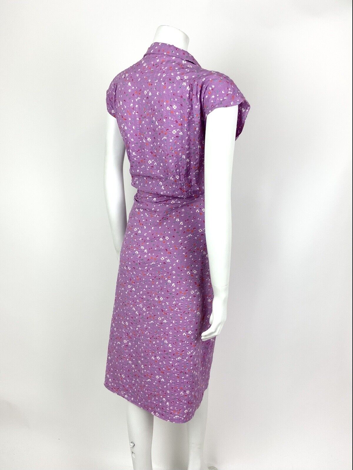 VINTAGE 70s PURPLE ORANGE WHITE BLUE DITSY FLORAL REVERS SHIRT DRESS 12