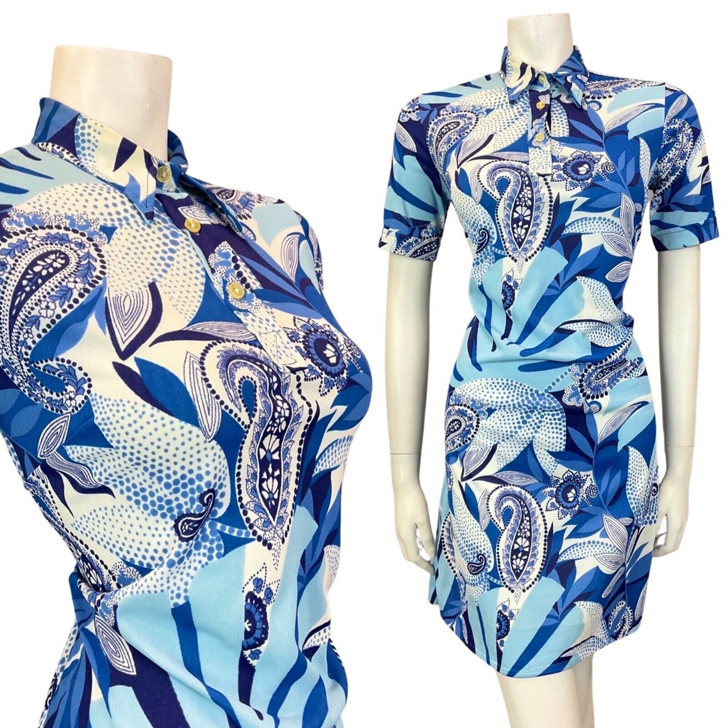 VINTAGE 60s 70s BLUE NAVY WHITE PSYCHEDELIC FLORAL PAISLEY MOD SHIRT DRESS 10 12