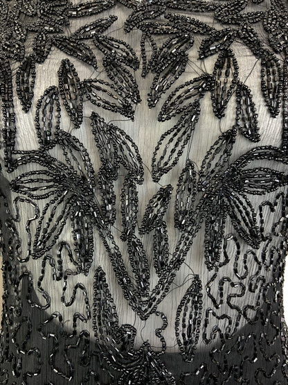 VINTAGE 60s 70s BLACK FLORAL SQUIGGLE SEQUIN BEADED SHEER SLEEVELESS TOP 12 14