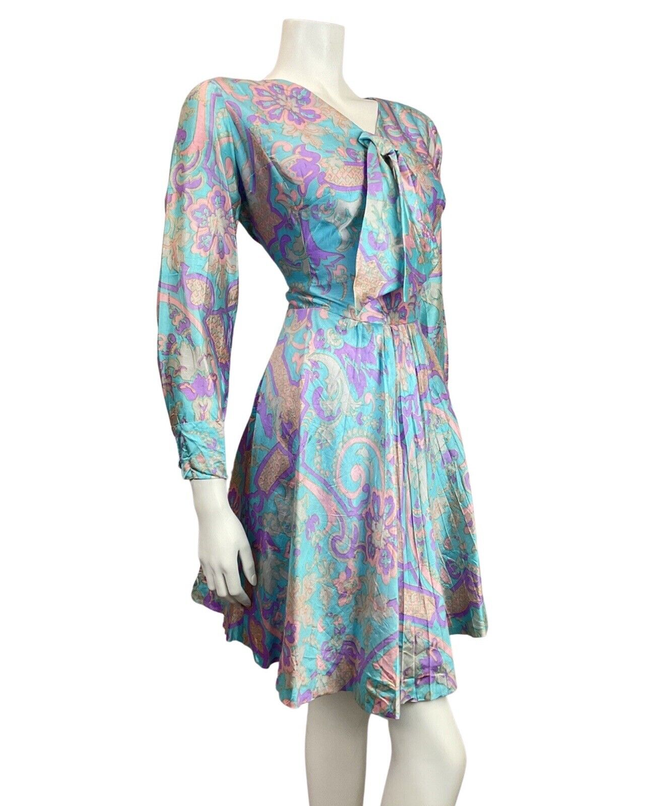 VINTAGE 60s 70s BLUE PURPLE GREY PSYCHEDELIC FLORAL SILK BOW SWING DRESS 12 14
