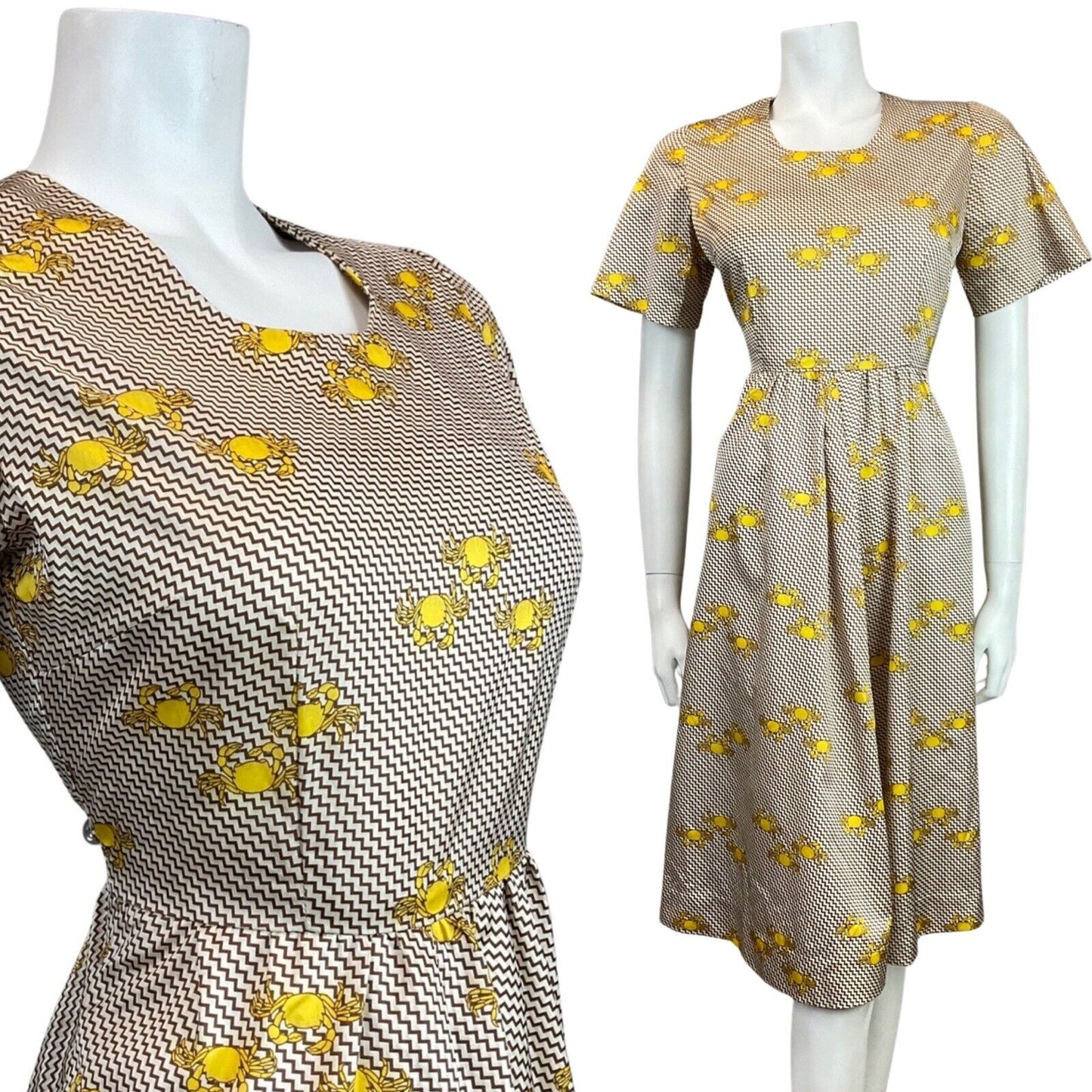 VINTAGE 60s STYLE 90s YELLOW BROWN WHITE ZIG-ZAG CRAB PSYCHEDELIC MOD DRESS 10