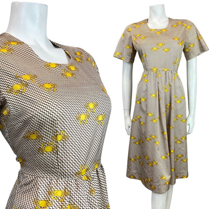 VINTAGE 60s STYLE 90s YELLOW BROWN WHITE ZIG-ZAG CRAB PSYCHEDELIC MOD DRESS 10