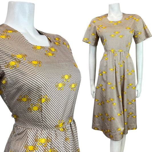 VINTAGE 60s STYLE 90s YELLOW BROWN WHITE ZIG-ZAG CRAB PSYCHEDELIC MOD DRESS 10
