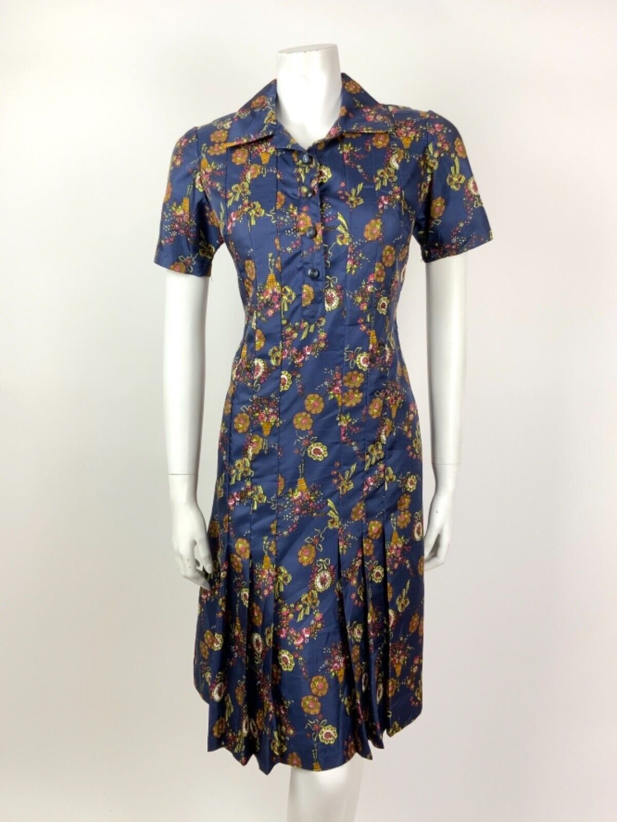 VINTAGE 60s 70s BLUE YELLOW BRONZE PINK FLORAL CAMEO BOW DAGGER SHIRT DRESS 12