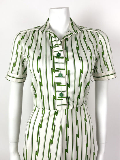VINTAGE 60s 70s WHITE APPLE GREEN STRIPED BOLT MOD SHIRT DRESS 8 10
