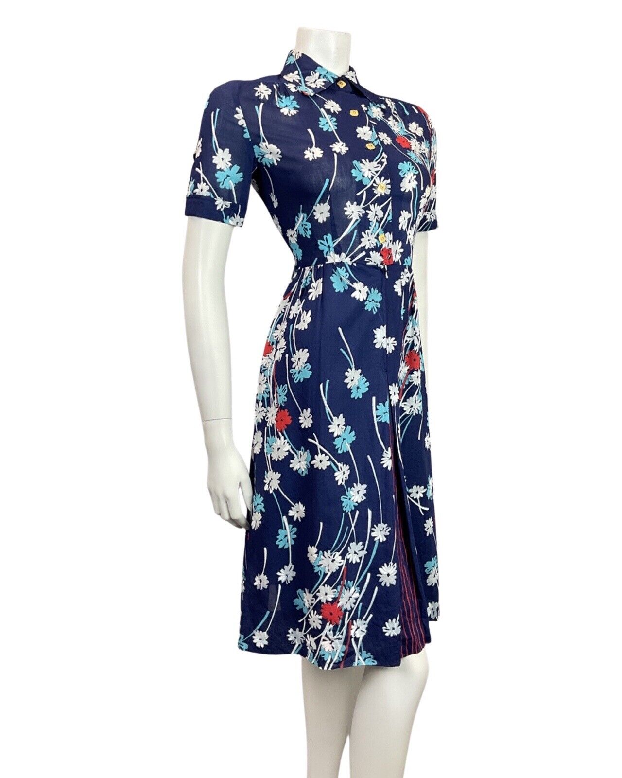 VINTAGE 60s 70s BLUE WHITE RED FLORAL MOD DAGGER COLLAR SHIRT DRESS 8