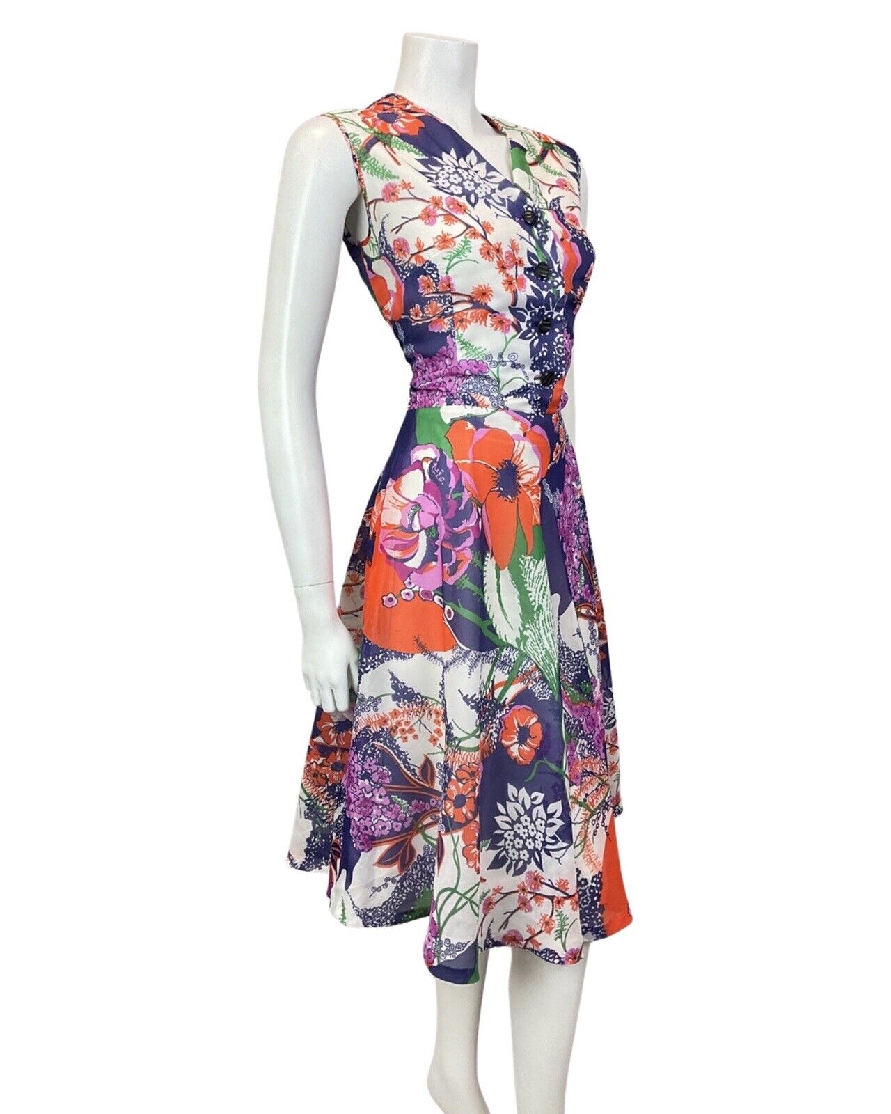 VINTAGE 60s 70s PURPLE GREEN RED FLORAL SLEEVELESS FLOATY SWING DRESS 10 12