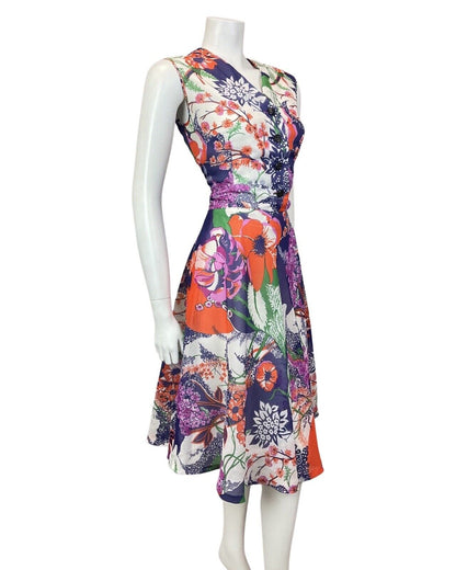 VINTAGE 60s 70s PURPLE GREEN RED FLORAL SLEEVELESS FLOATY SWING DRESS 10 12