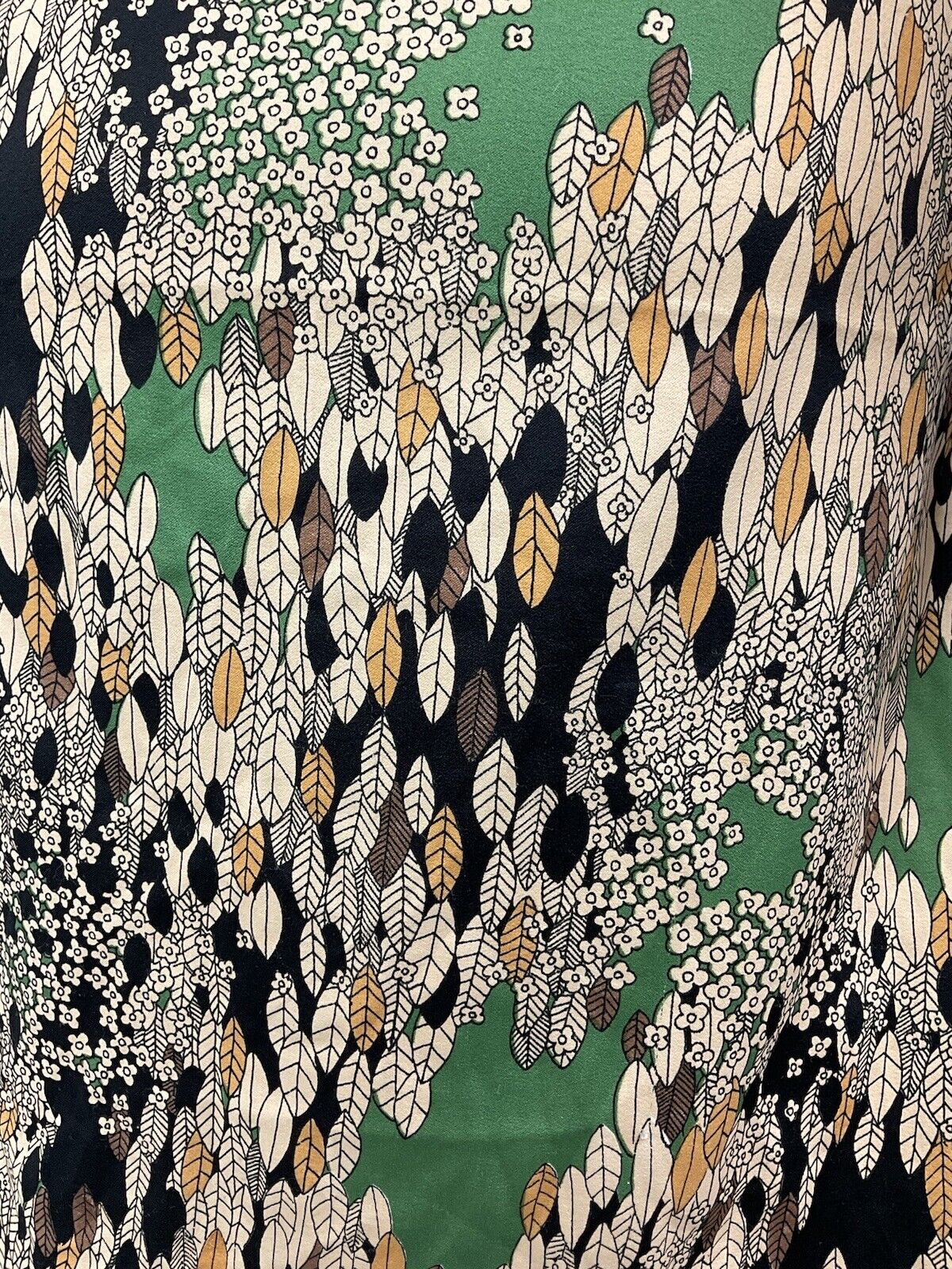 VTG 60s 70s CREAM GREEN BLACK FLORAL LEAFY PSYCHEDELIC DAGGER SHIRT DRESS 16 18