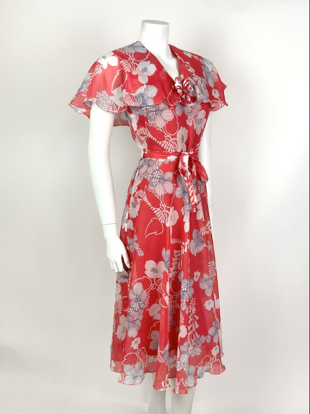 VINTAGE 60s 70s RED WHITE BLUE FLORAL CAPE SLEEVE SHEER SUMMER DRESS 8 10