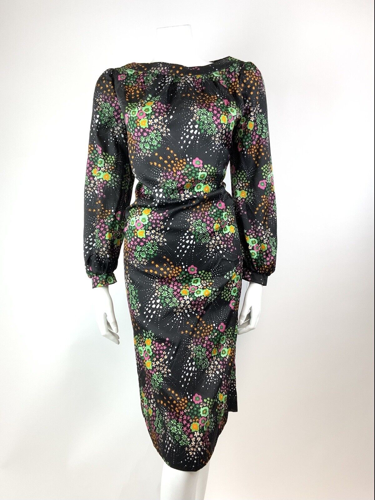 VTG 60s 70s BLACK GREEN PINK WHITE DOTTY FLORAL PSYCHEDELIC SHIFT DRESS 14 16