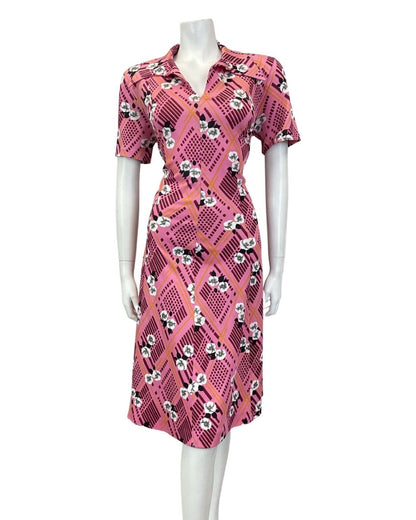 VINTAGE 60s 70s PINK PURPLE WHITE GEOMETRIC FLORAL WING COLLAR SHIRT DRESS 14 16