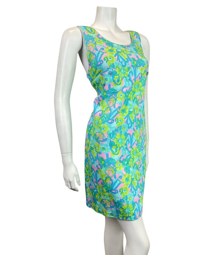 VINTAGE 60s 70s BLUE GREEN PINK PSYCHEDELIC SUMMER PINAFORE A-LINE DRESS 8