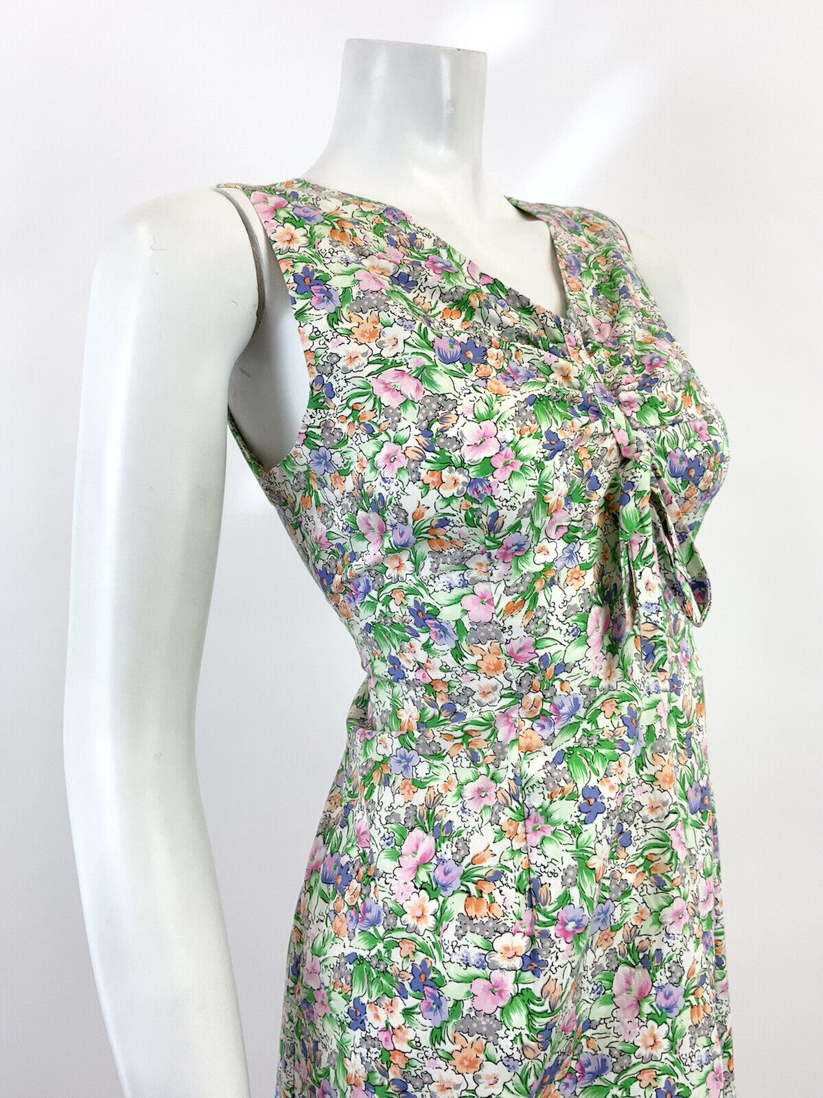 VTG 60s 70s GREEN PINK BLUE FLORAL GARDEN DITSY SLEEVELESS SUMMER DRESS 10 12