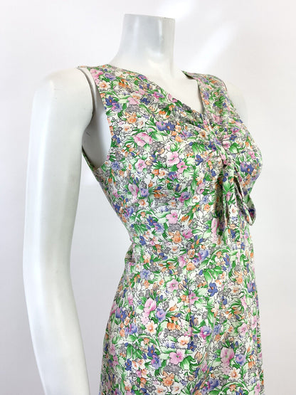 VTG 60s 70s GREEN PINK BLUE FLORAL GARDEN DITSY SLEEVELESS SUMMER DRESS 10 12