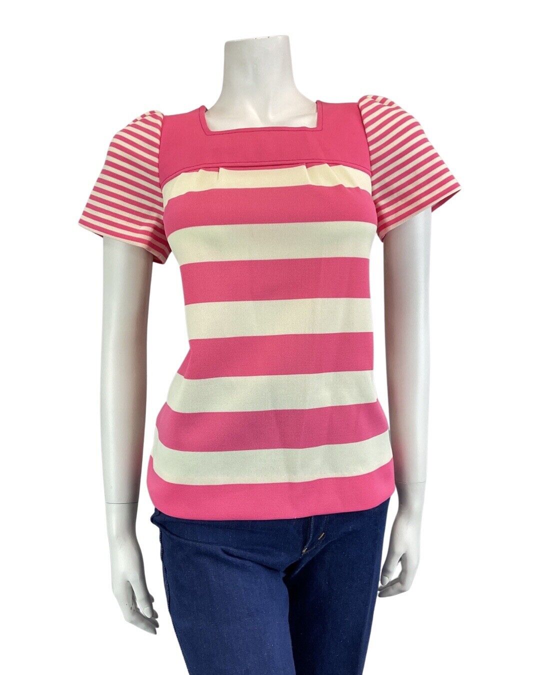 VINTAGE 60s 70s PINK CREAM STRIPED MOD PEGGY LANE SHORT SLEEVE BLOUSE TOP 8