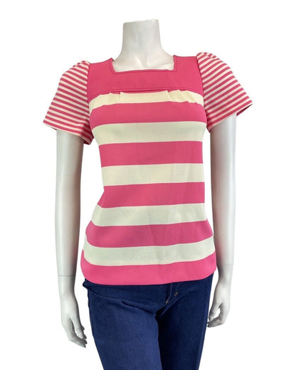 VINTAGE 60s 70s PINK CREAM STRIPED MOD PEGGY LANE SHORT SLEEVE BLOUSE TOP 8