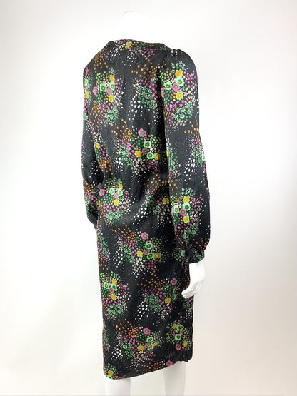 VTG 60s 70s BLACK GREEN PINK WHITE DOTTY FLORAL PSYCHEDELIC SHIFT DRESS 14 16