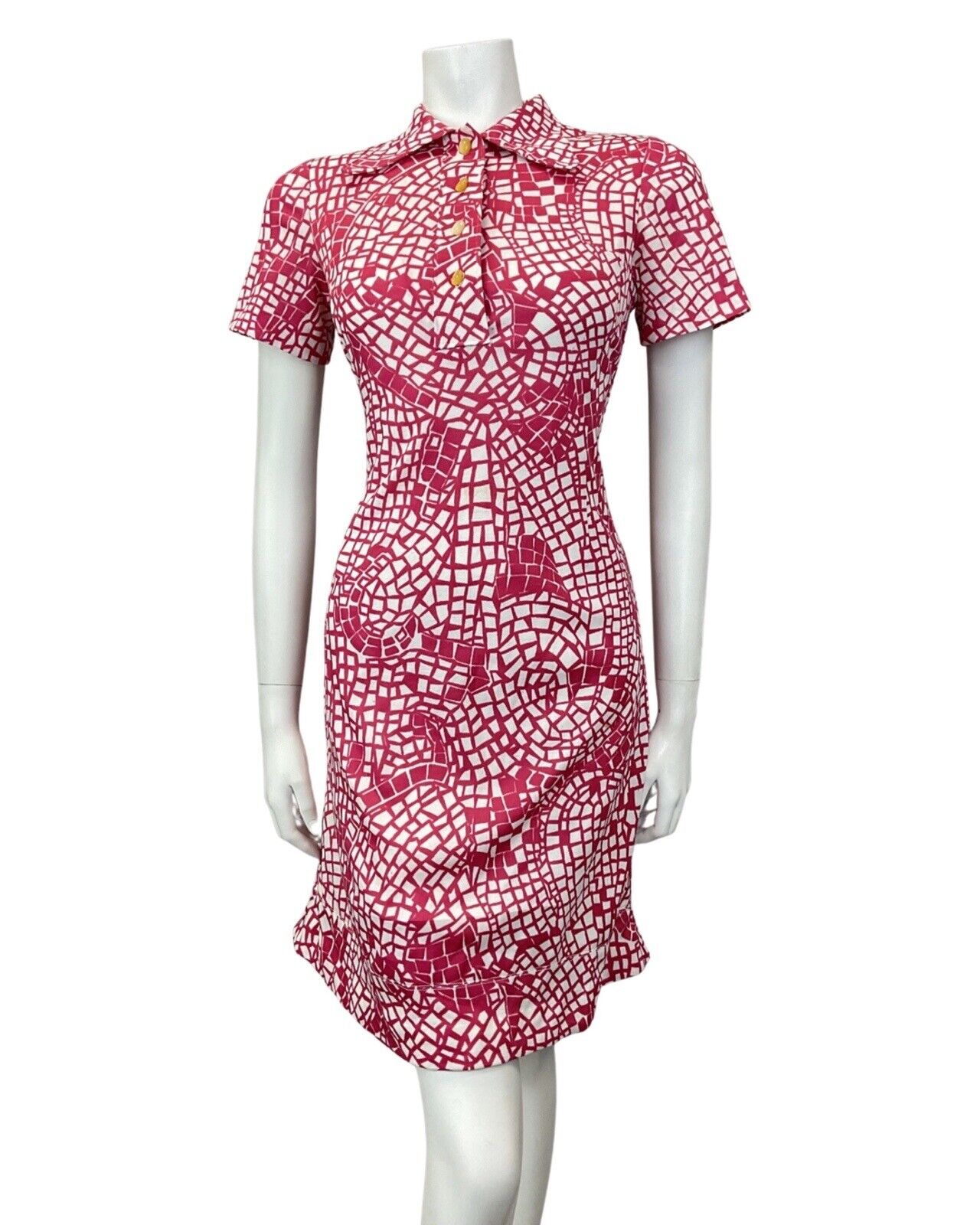 VINTAGE 60s 70s PINK WHITE PSYCHEDELIC GEOMETRIC MOD SHORT SHIRT DRESS 10 12