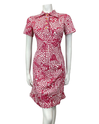 VINTAGE 60s 70s PINK WHITE PSYCHEDELIC GEOMETRIC MOD SHORT SHIRT DRESS 10 12
