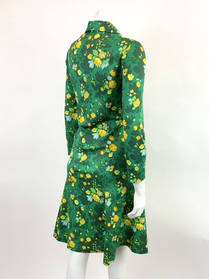 VTG 60s 70s GREEN YELLOW ORANGE FLORAL LEAFY PSYCHE DAGGER SHIRT DRESS 16 18