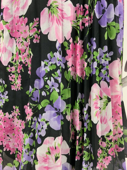 VINTAGE 60s 70s BLACK PINK PURPLE GREEN FLORAL PLEATED BELTED DRESS 12