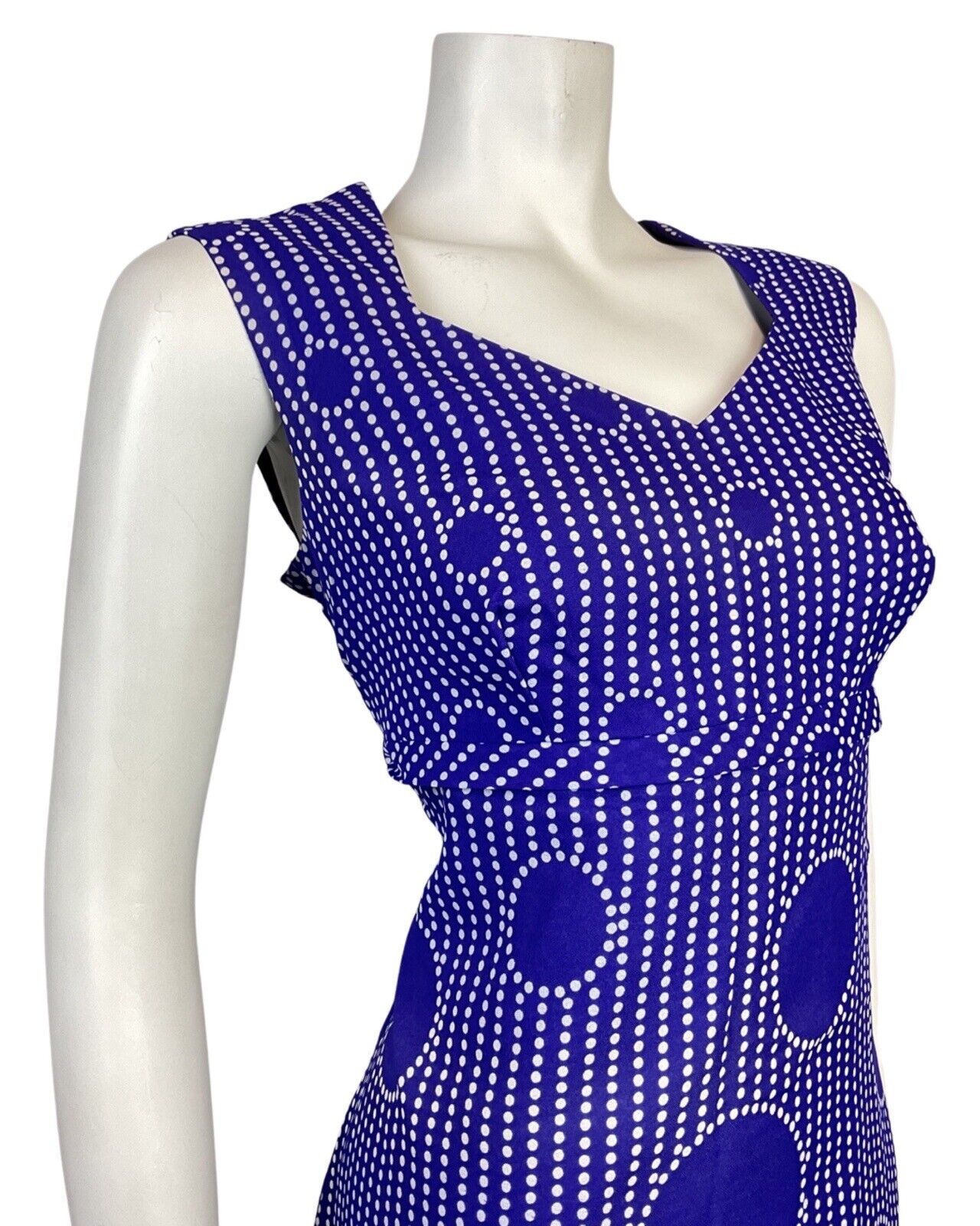 VINTAGE 60s 70s PURPLE WHITE POLKA-DOT STRIPED MANDALA MOD SLEEVELESS DRESS 14