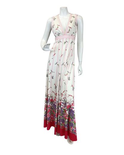 VINTAGE 60s 70s WHITE RED PINK FLORAL BOTANICAL SLEEVELESS SUMMER MAXI DRESS 10