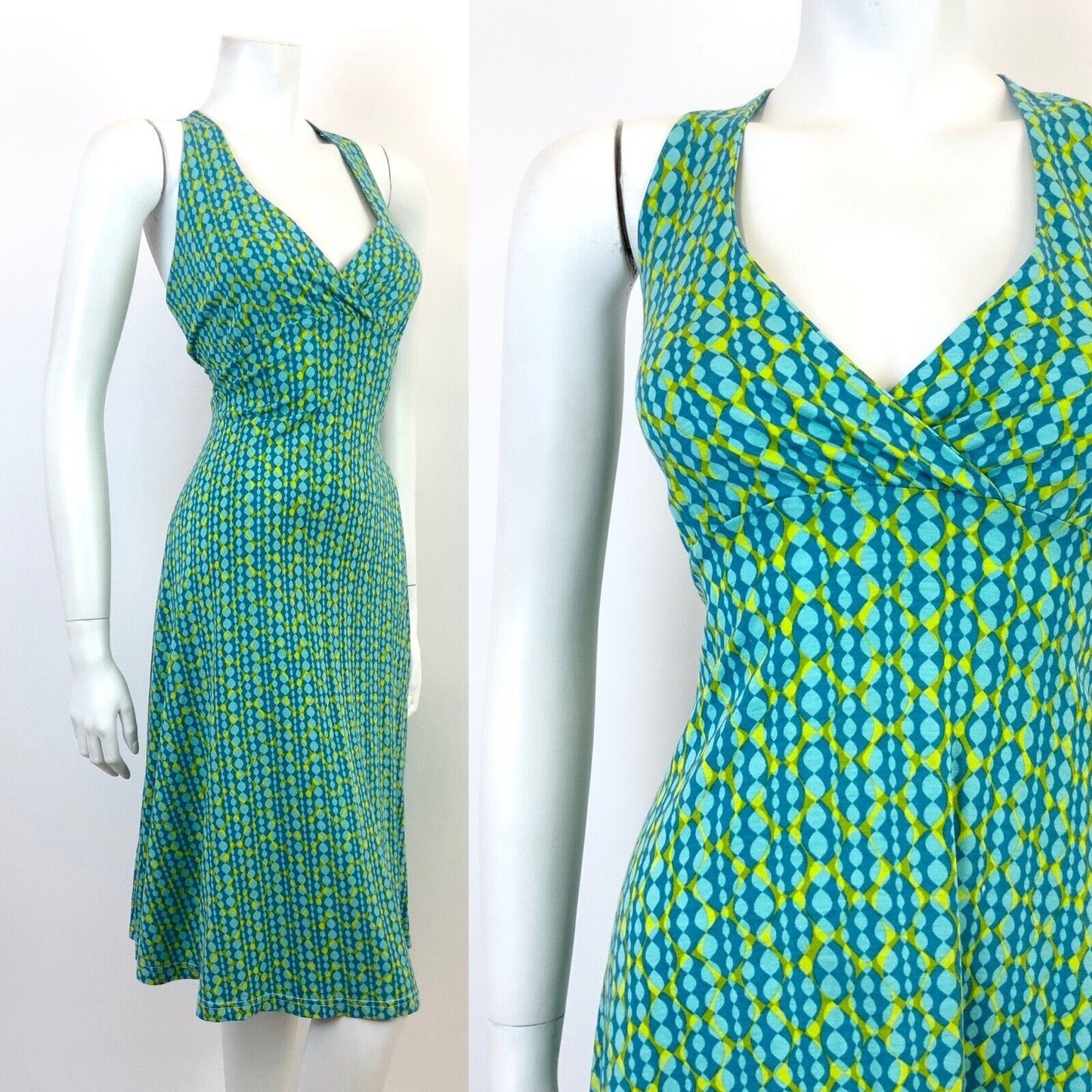 VINTAGE 60s 70s BLUE LIME GREEN OP-ART GEOMETRIC PSYCHEDELIC HALTER DRESS 10 12