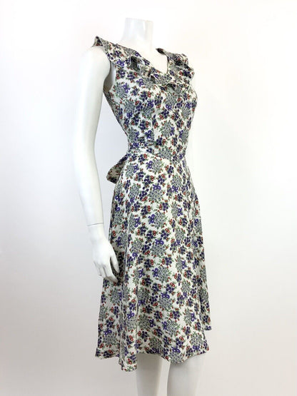 VINTAGE 60s 70s WHITE PURPLE RED GREEN FLORAL BOUQUET BOW RUFFLE DRESS 8