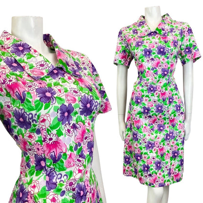 VINTAGE 60s 70s GREEN PURPLE PINK FLORAL GARDEN SHORT SHIRT DRESS 14 16