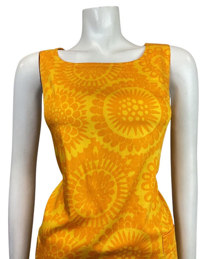 VINTAGE 60s 70s YELLOW ORANGE FLORAL SUNFLOWER SLEEVELESS SHIFT DRESS 10 12
