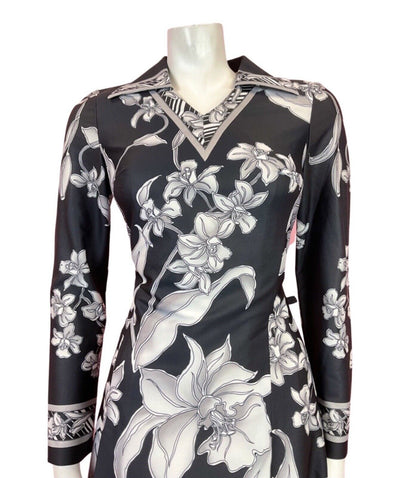 VINTAGE 60s 70s BLACK WHITE GREY FLORAL LILY ROSE SHIRT SWING DRESS 10